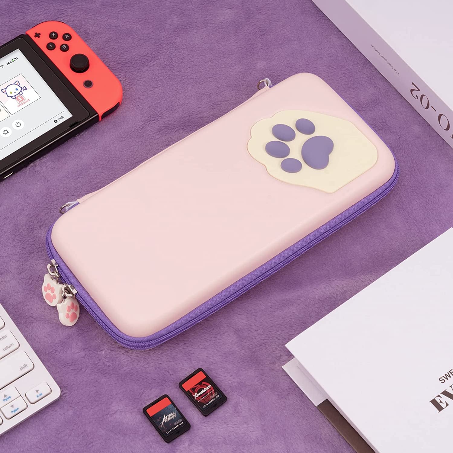 Cute Cat Paw Case Compatible with Nintendo Switch/Switch OLED - Portable Hardshell Slim Travel Carrying Case Fit Switch Console & Game Accessories - a Removable Wrist Strap (Pink Purple)